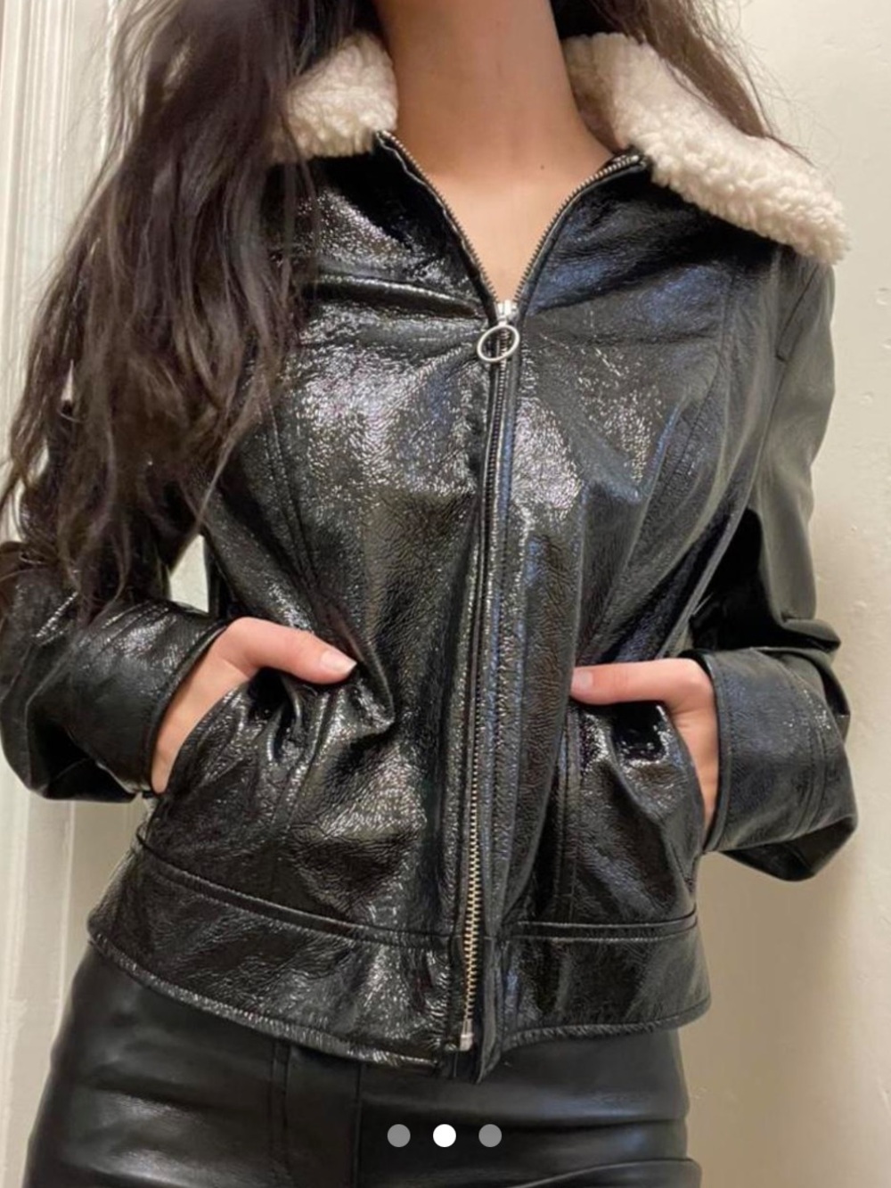 Aritzia Wilfred Black Faux Leather Jacket with Cream Sherpa Collar